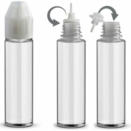 Frasco de 60ml com conta-gotas que abre e fecha, tampa transparente