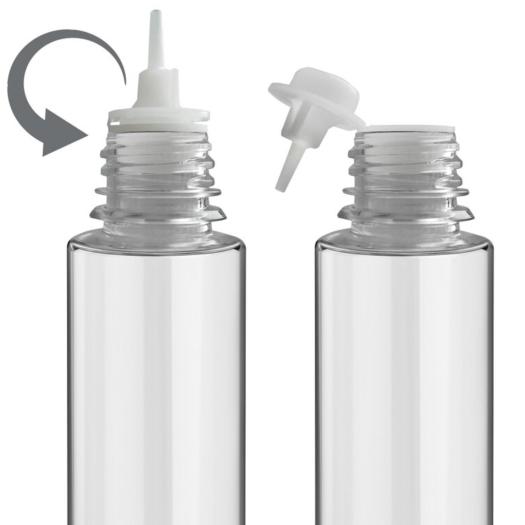 Frasco de 60ml com conta-gotas que abre e fecha, tampa transparente